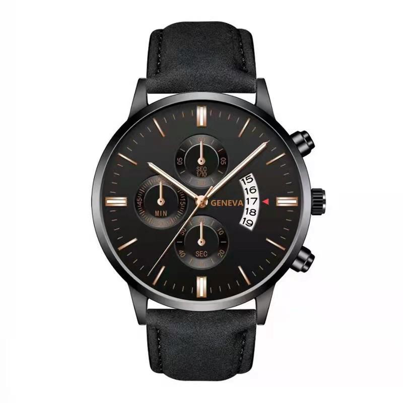 Men'S Fake Three-Eye Belt Calendar Casual Fashion Business Quartz Belt Watch