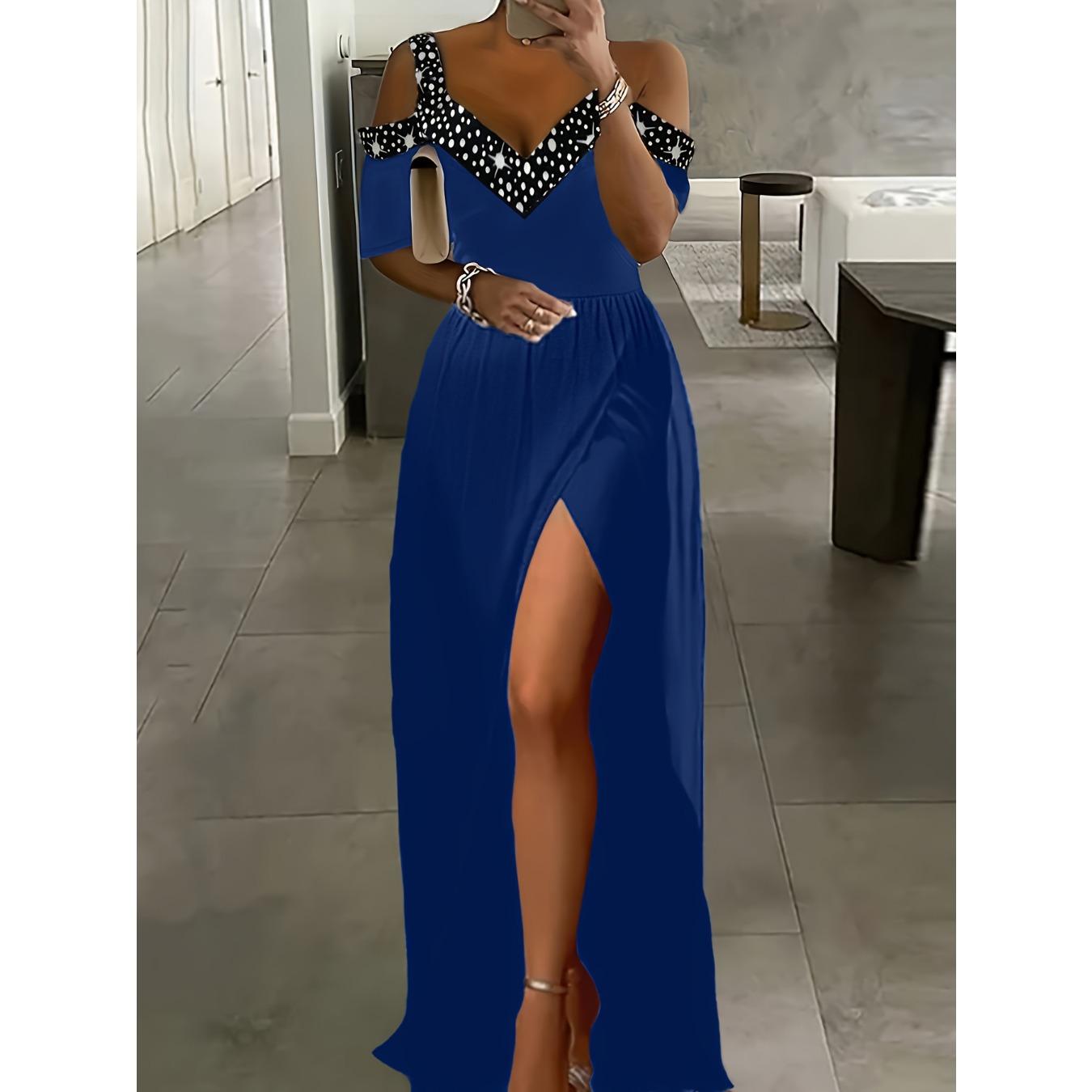 

QICED Весна и лето Женское платье с открытыми плечами и халтером Модное платье с разрезом для женщин M синий