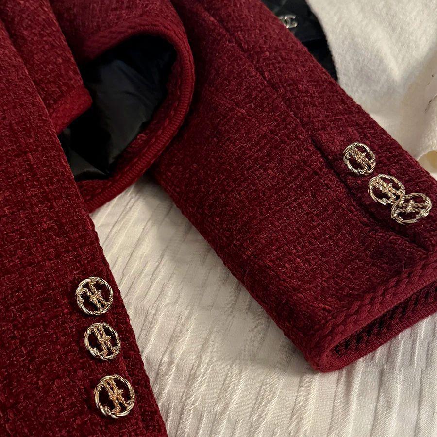 Elegant Black Tweed Round Neck Jacket - Autumn/Winter French Style