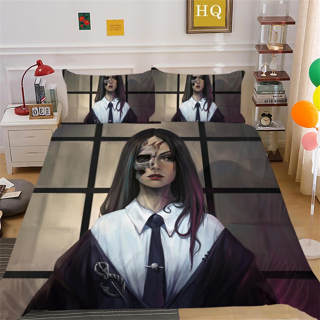 3D Horror Patterned Printed Bedding Set with Skull Head Pattern Down Duvet and Pillowcase 2/3 Pieces Halloween Festive Atmosphere Home Decoration