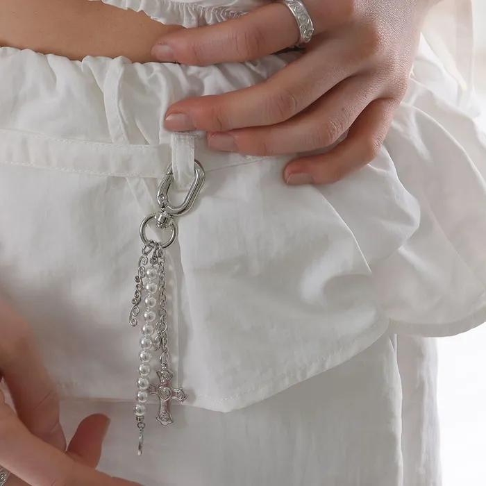 Heart cross & Pearl Keyring