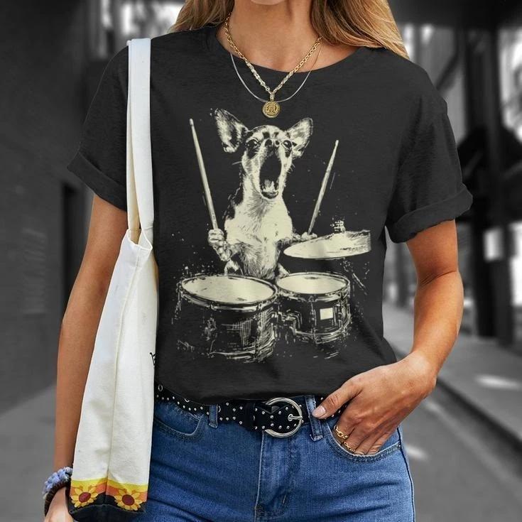 Funny Dog Drummer T-Shirt Cute Chihuahua Playing Drums Music Graphic Tee 4XL