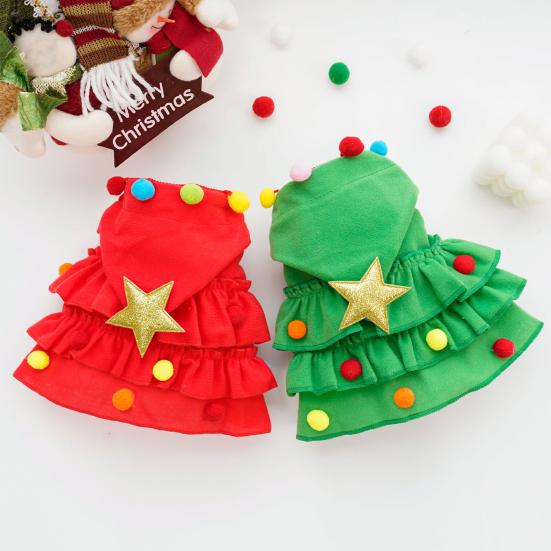 Christmas Pet Outfit Red/Green Pet Cloak with Star And Pom Poms Puppy