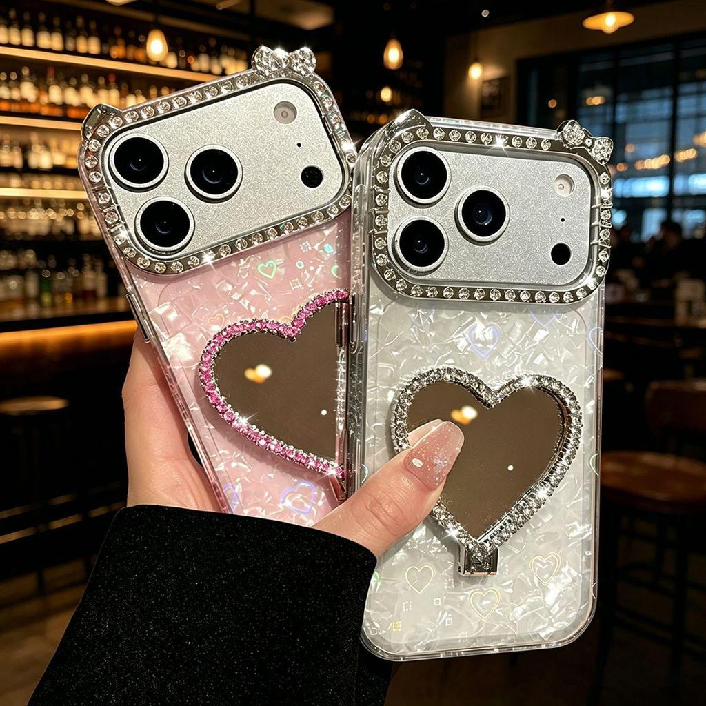 Luxury Rhinestone Heart Mirror Stand for iPhone 17 Pro Max/16 Pro/13 Case