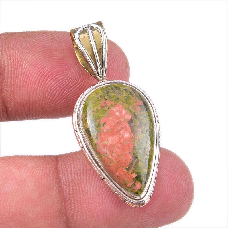 

Natural Unakite Gemstone 925 Solid Sterling Silver Two Tone Pendant 1.50 g5V41