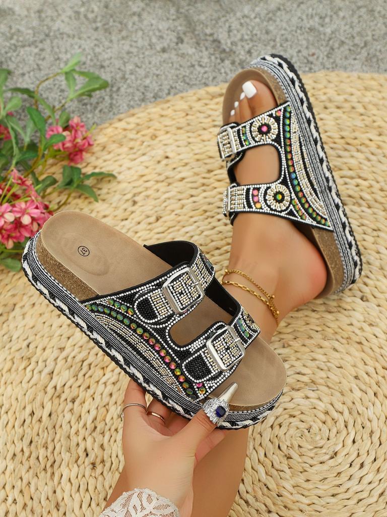 Fashion 2025 Summer Fashion Rhinestone Design Casual Thick Soled Slippers for Women Open Toes Comfortable Versatile Beach Chunky Sandals