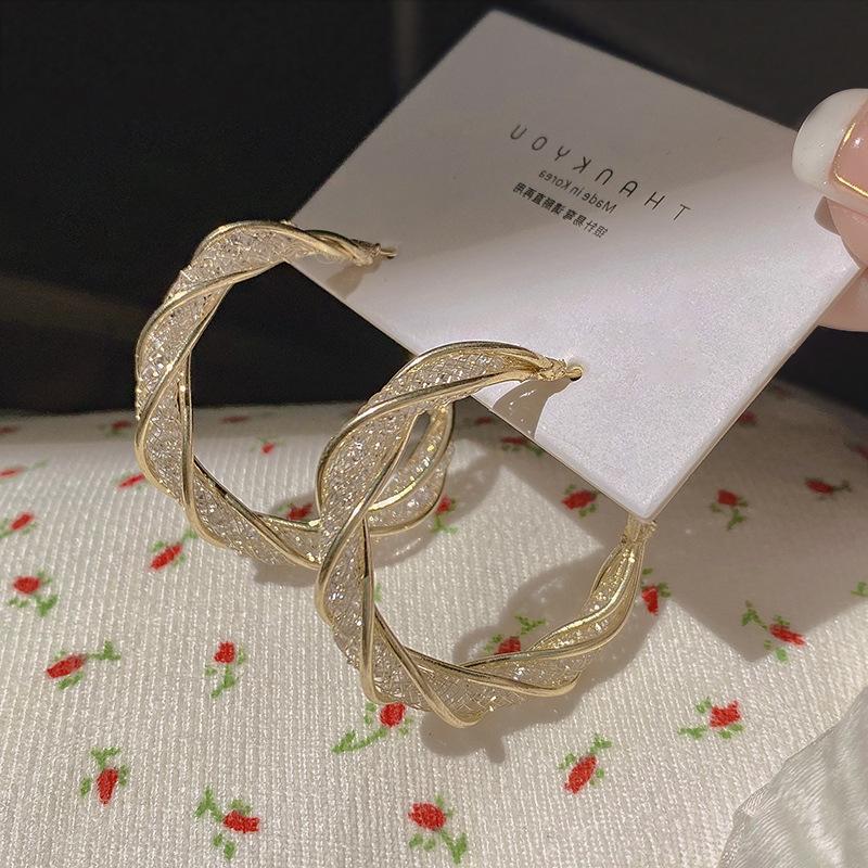 

New trendy exaggerated twisted circle earrings for women, niche fashion 111 silver needle zircon earrings light luxury personalized earrings 925 silver needle
