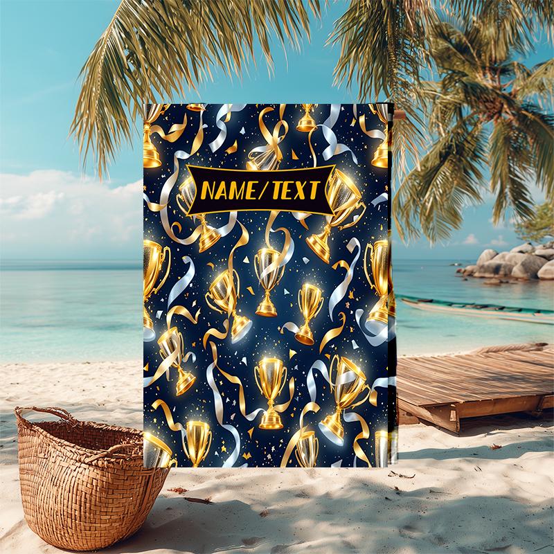 1PC Custom Name Golden Trophy Celebration Beach Towel Highly Absorbent And Sand-Resistant Towel for Swimming, Pool, Yoga, And Travel Lightweight