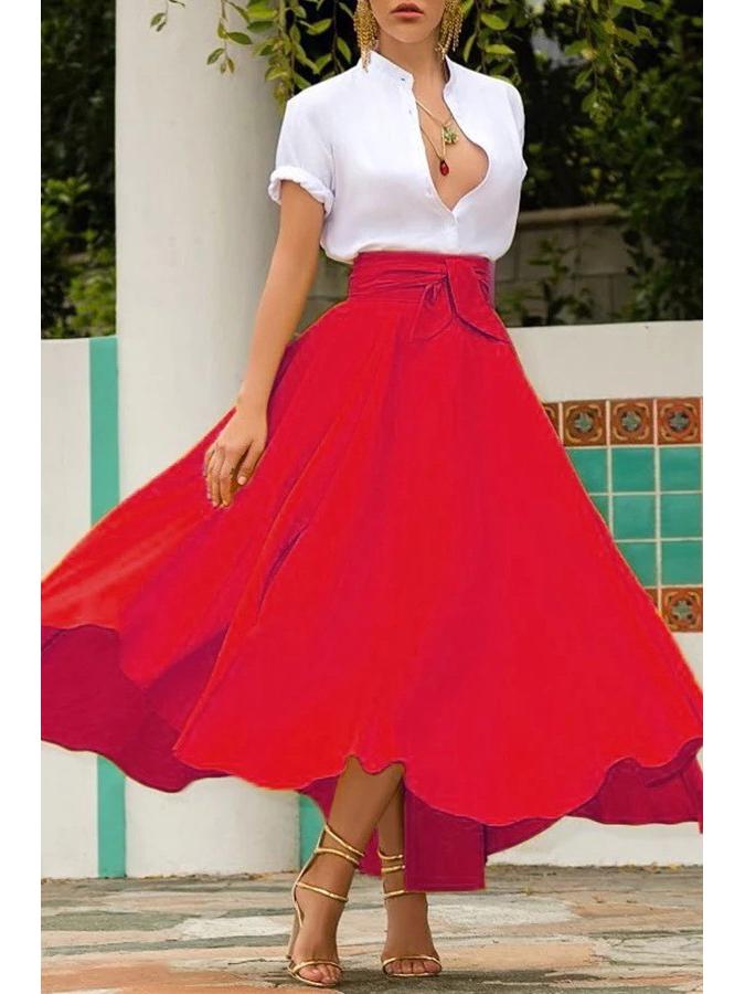 Solid Color Belted Midi Skirt - European and American Style Women's Fashion