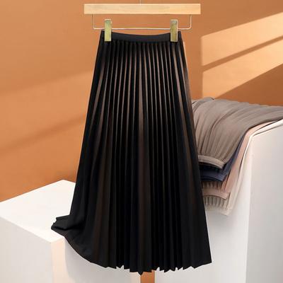 Women Pleated Skirt Elastic High Waist A-Line Long Skirt Solid Color