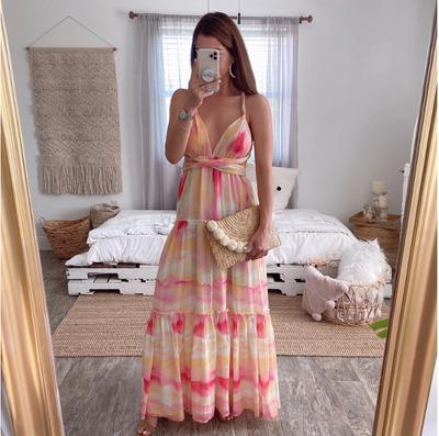 Summer New European and American Women's Clothing Gradual Change Deep V Dress Suspender Waist Back Irregular, Long Dress