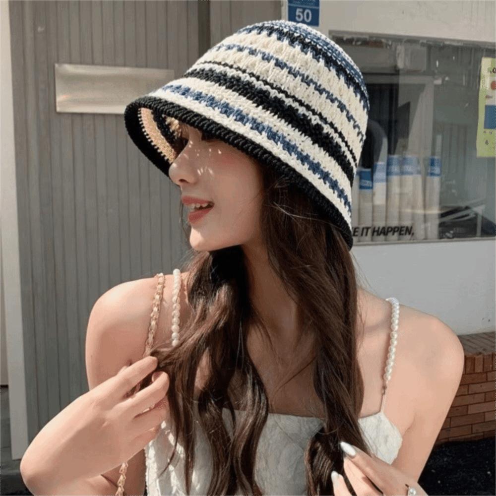 Temperament Knitted Bucket Hat Stripe Sun Protection Cap Foldable Sunshade Basin Cap Seaside