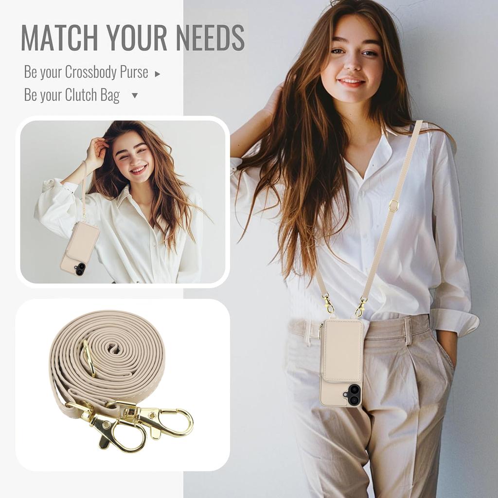 For iPhone 16 Plus Case RFID Blocking Zipper Wallet Leather + TPU Phone Cover with Shoulder Strap