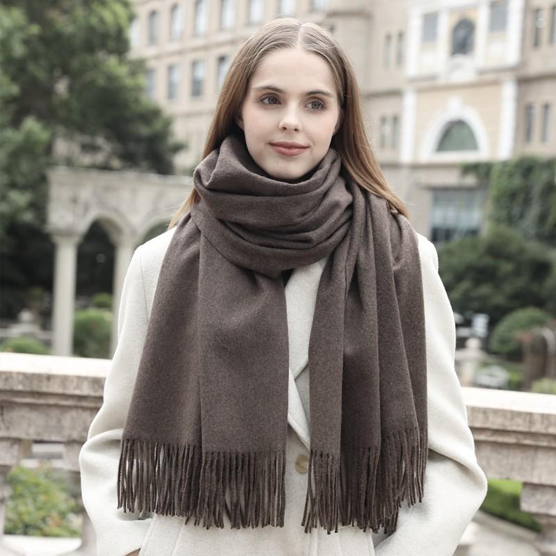 Womens Solid Color Wool Scarf With Fringe Winter Warm Shawl Mens Lightweight Cashmere-Blend Wrap Korean Style
