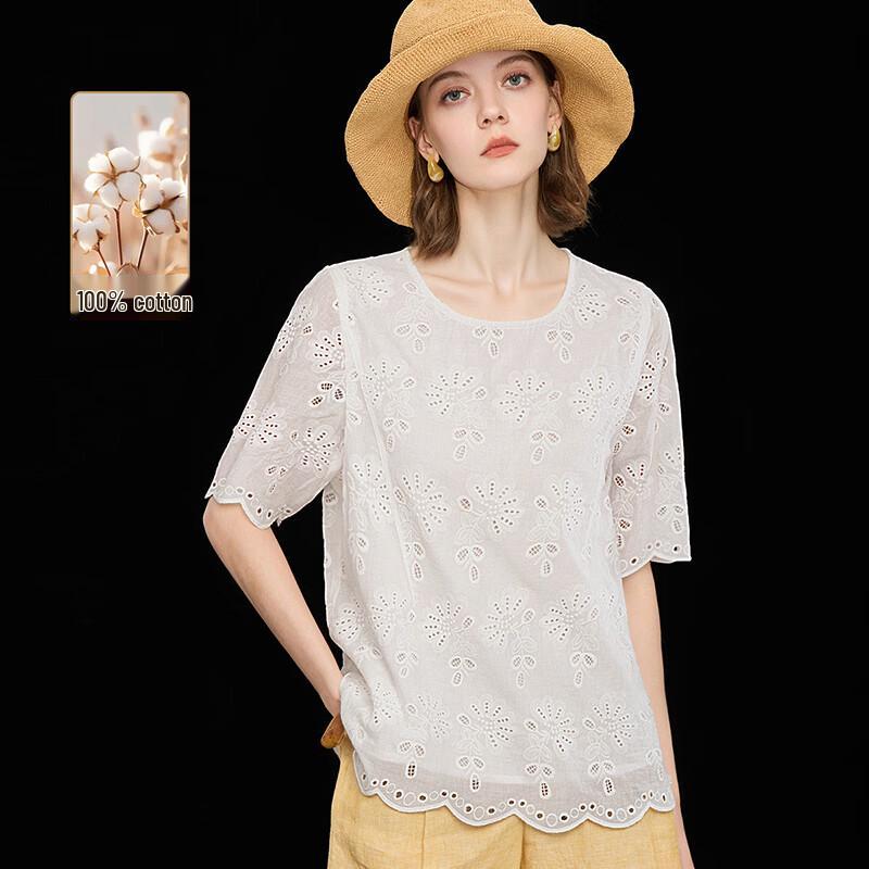 Women s French Holiday Hollow Embroidery Cotton Blouse L