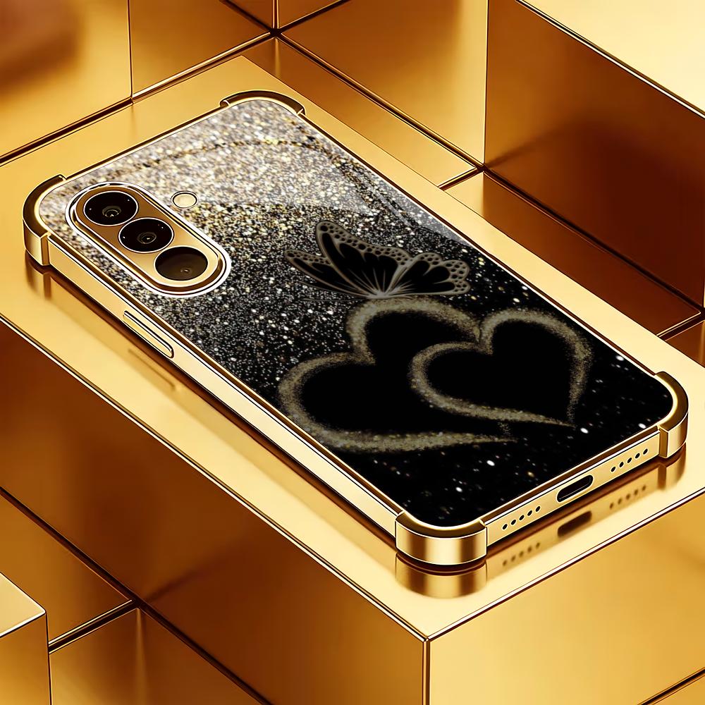 Goldene herzförmige Glas-Handyhülle geeignet für Samsung Galaxy S26 S25 S24 S23 S22 S20 FE/Ultra/Plus stoßfeste Rückabdeckung