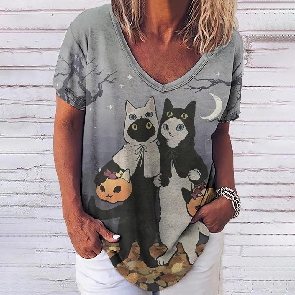 Women's T-shirt 3D Fashionable Cat Print V-neck Short Sleeved Basic Top Street Wear Summer Casual Loose Fitting Women's Clothing