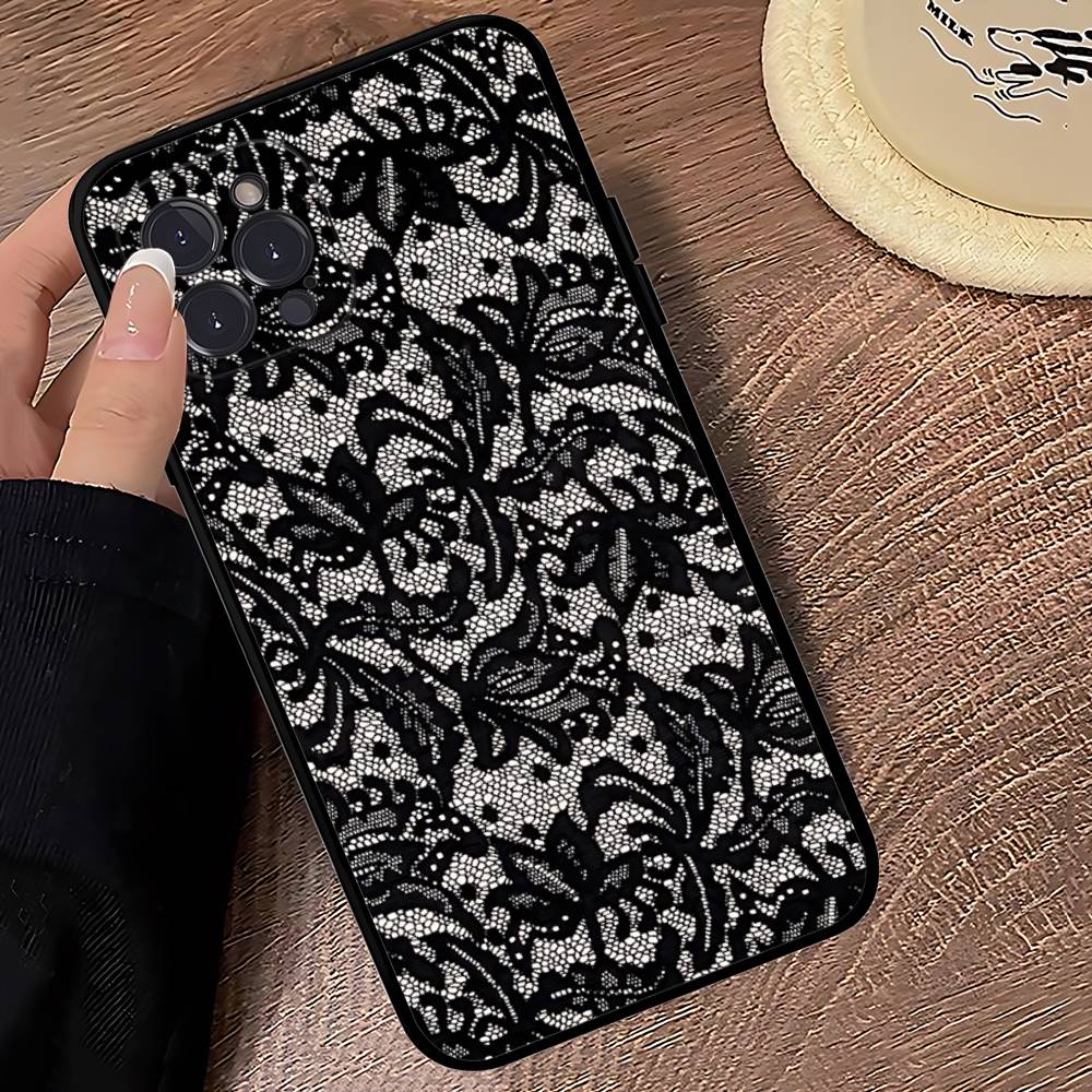 Black Lace Pattern Personalized Mobile Phone Case For IPhone 17 16 15 14 13 12 11 Pro Max Plus Mini Soft Black Cover