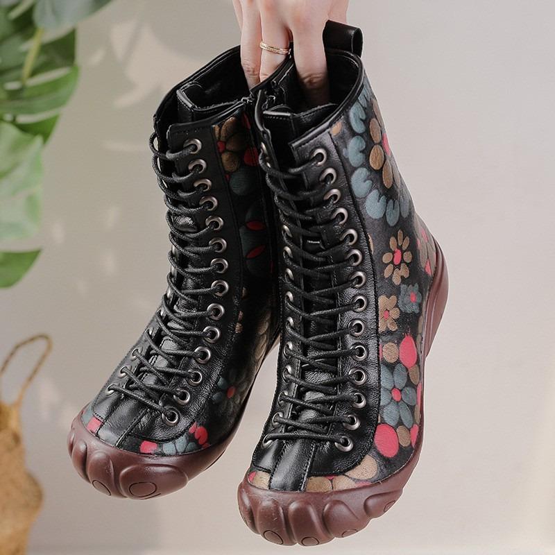 Autumn and winter new flat-bottomed beef tendon sole women's boots leather printed medium tube Martin boots warm and comfortable cotton shoes women