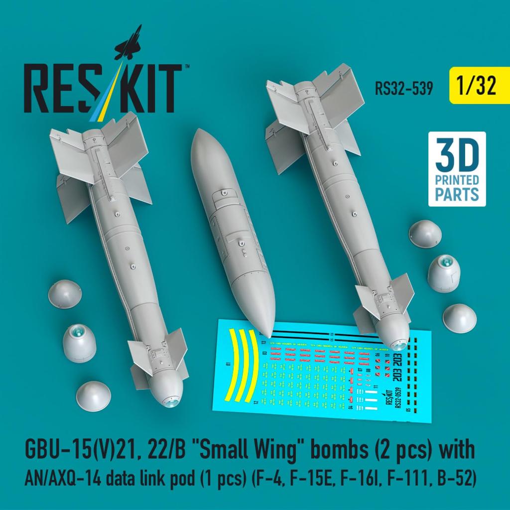 Reskit Guided Bombs with Data Link Pod Plastic Model Kit Parts 1/32 GBU-15(V)21, 22/B (2 Pieces) AN-AXQ-14 (1 Piece) RSK32-0539 (Airplane)
