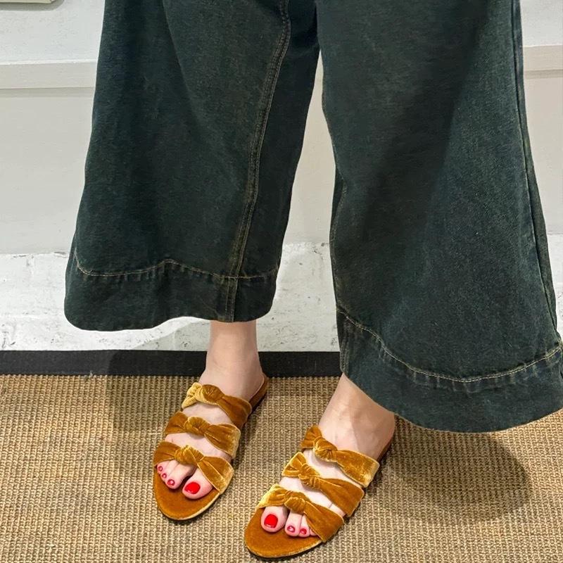 Sheepskin Version~ Korean Version of Velvet Flat Bottom One-word with Knotted Open-toed Sandals for Women To Wear 2025 Summer Cool Slippers