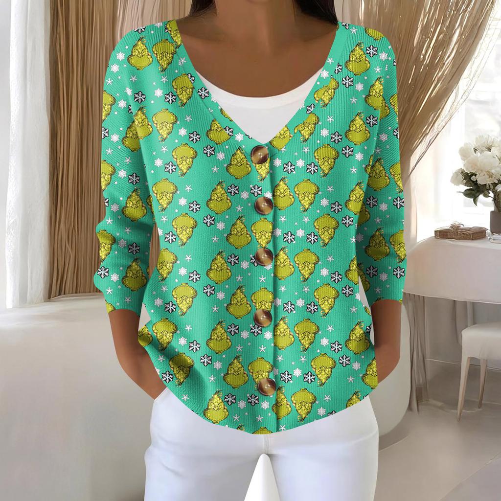 Women's Fashion Long Sleeve Christmas Snowman Snowflake Print Jacket Cardigan