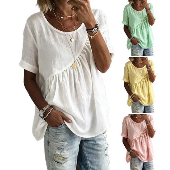 Damen-T-Shirt mit Rundhalsausschnitt, kurzen Ärmeln und Rüscheneinsatz, einfarbig, locker geschnitten, lässiges Sommertop