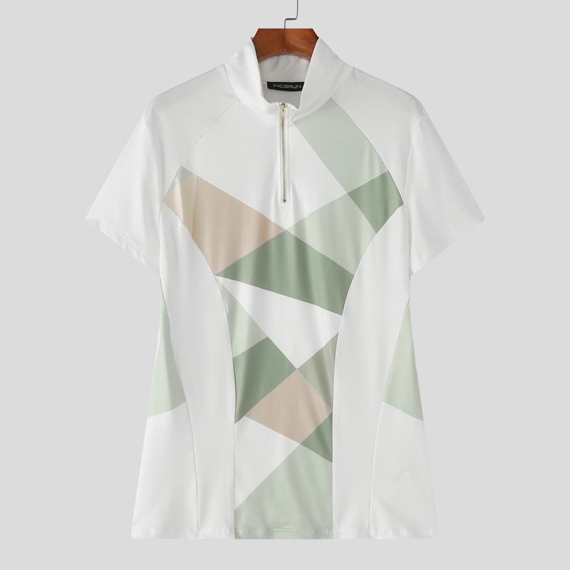 

INCERUN Men Stand Collar Short Sleeve Zip-up Geometric Print Stitching Casual Fitted T-shirts 5XL белый