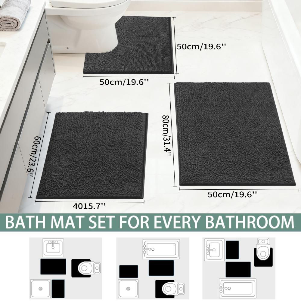 Set of 3 Bathroom Rug Bath Mats for Bathroom Floor Super Thick Soft Shaggy Chenille Bath Mats Dry Fast Water Absorbent Bath Mats