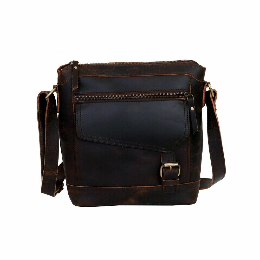 Handmade Unisex Buffalo Leather Crossbody Bag Handbag Brown