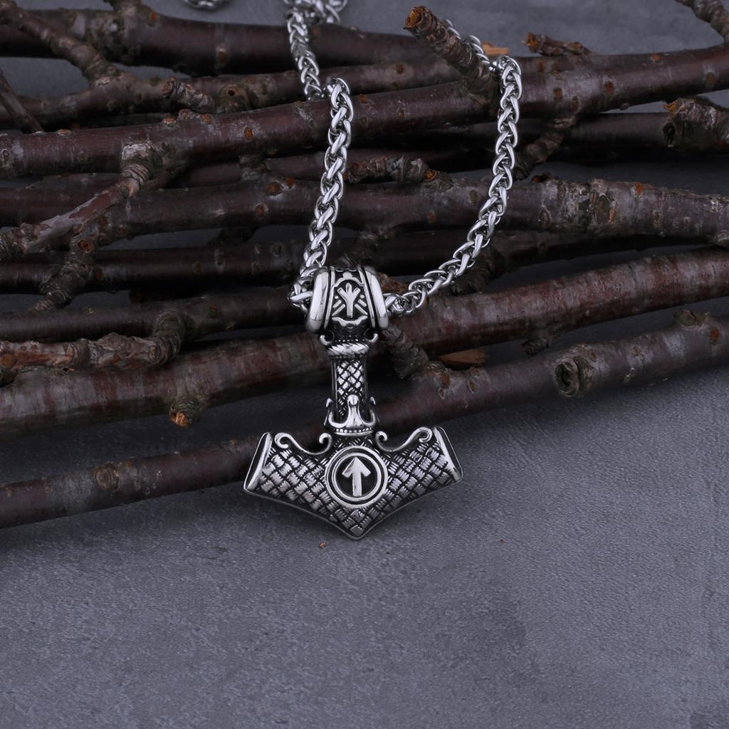 Stainless Steel Viking Thor's Hammer Odin Rune Necklace Men's Charm Hip Hop Biker Amulet Pendant Vintage Jewelry Christmas Gift