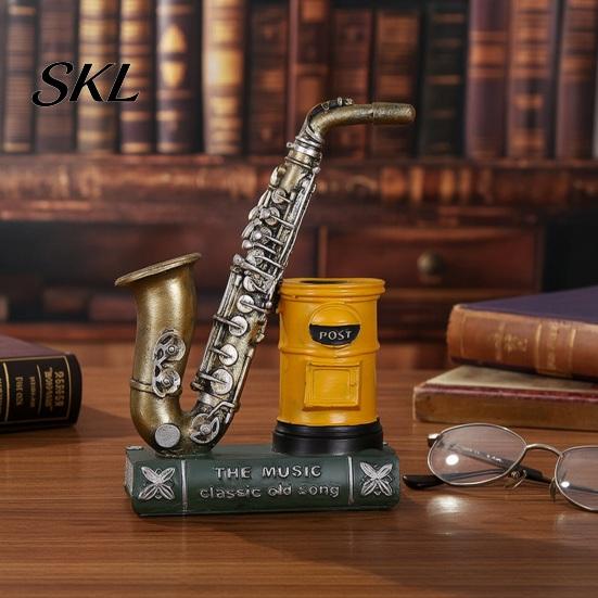 Retro Desk Decor Vintage Saxophone & Violin Pen Holder, Resin Musical Instrument Organizer, Weighted Artistic Organizer Base Pencil Stand for