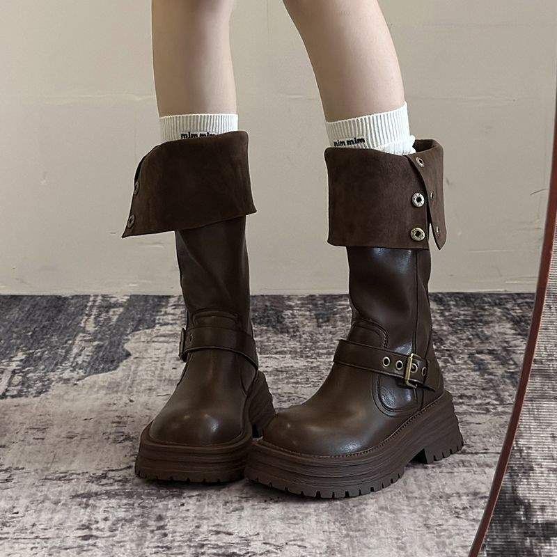 Boots Women's 2025 Autumn and Winter New Two Wear Fold But Knee High Martin Boots British Skinny Motorcycle Boots