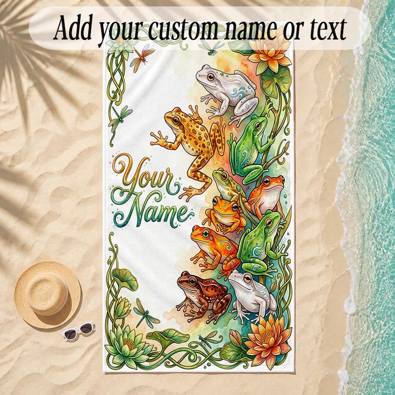 Frog Theme Soft Beach Towel Personalized Custom Name Text Towel Portable for Beach Pool Travel