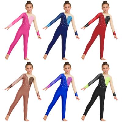 Versatile Training & Competition Jumpsuit for Kids Girls: Features Finger Holes, Mesh Patchwork & Rhinestone Accents
