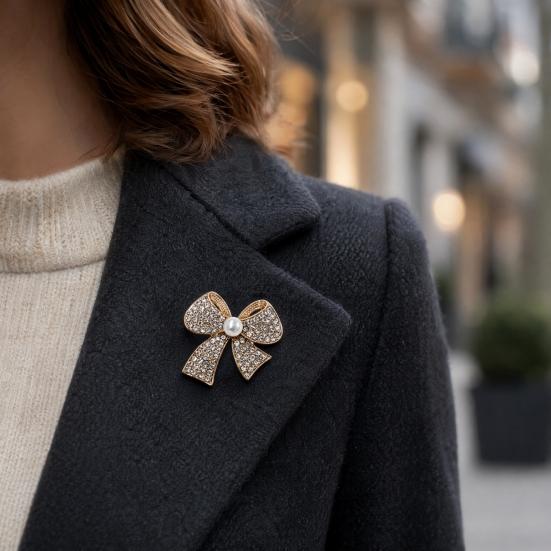 Women Decorative Pin Brooch Pin, 3D Bow Design with Imitation Pearl, Long-lasting Strong Buckle Badge for Coats Shirts Bags Accessories