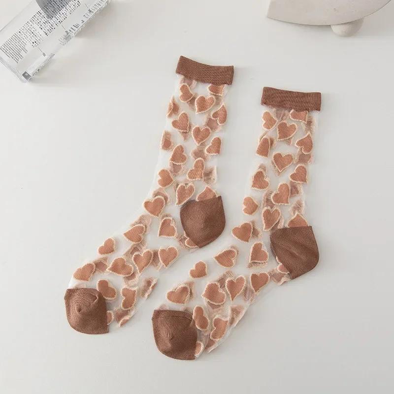 

Летние женские носки в японском стиле, милые носки из хрустального стекла и шелка с принтом сердечек, ультратонкие прозрачные носки для девочек, кавайные милые длинные носки EUR 34-39