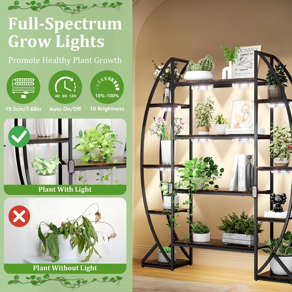 5-Tiered Tall Plant Stand Metal Flower Shelf with Plant Grow Lights for Living Room, Garden, Patio