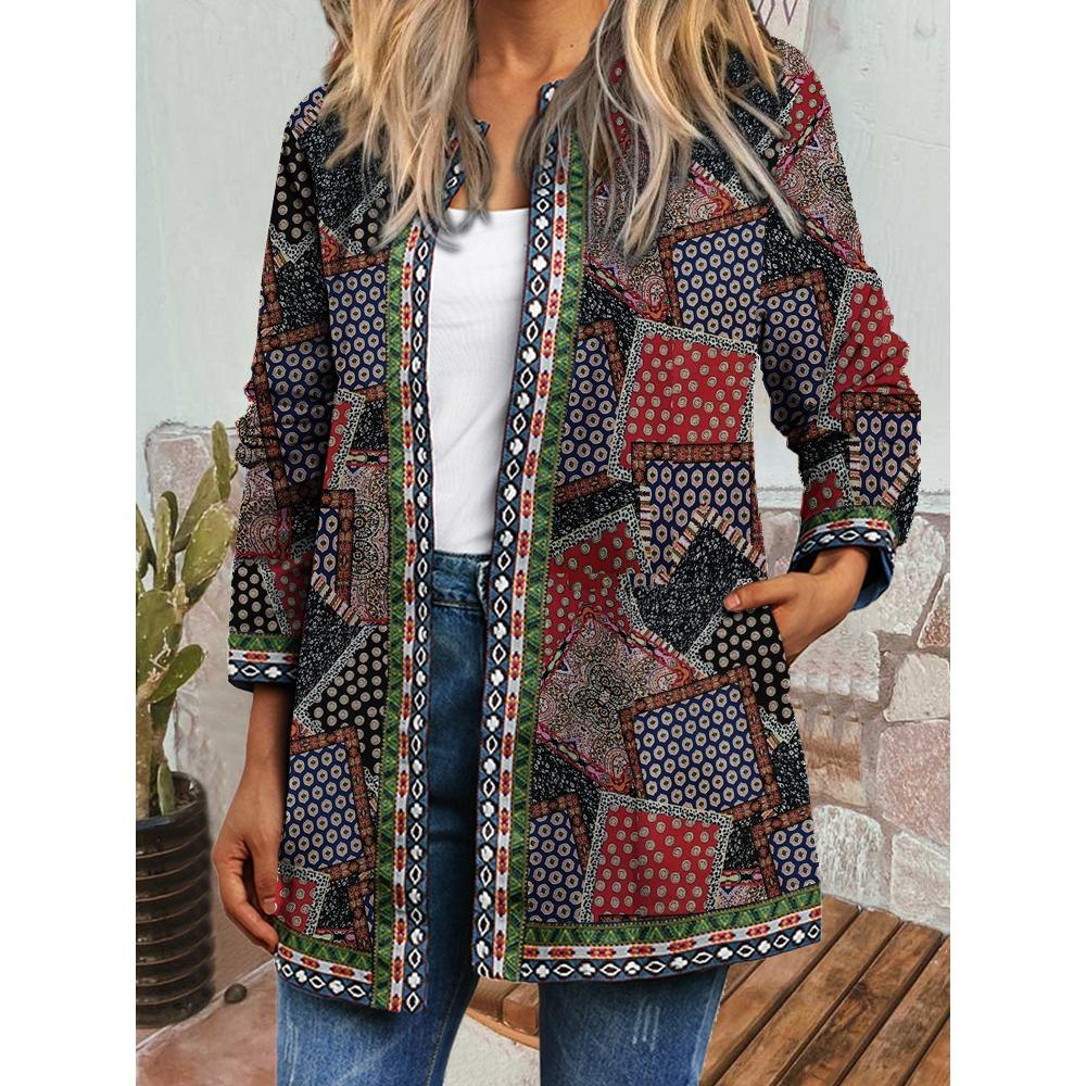 GMXIA Herbst Winter Vintage Ethnischer Stil Druck Übergröße Jacke Strickjacke Damenbekleidung