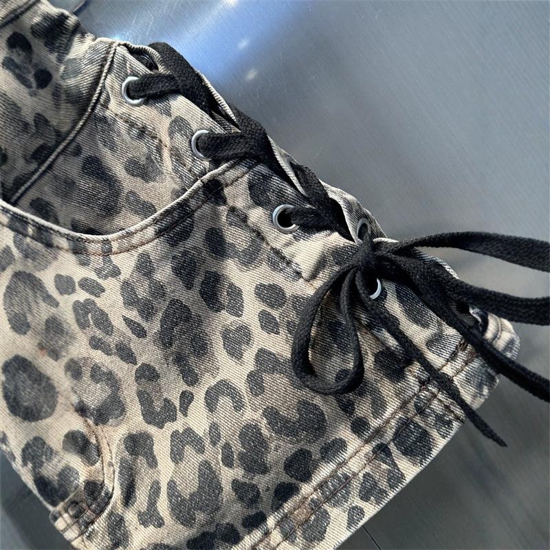 Niche Design Sense Straps Spice Girl Hip Skirt Women's Autumn American Retro High Street Leopard Print Denim Skirt Tide