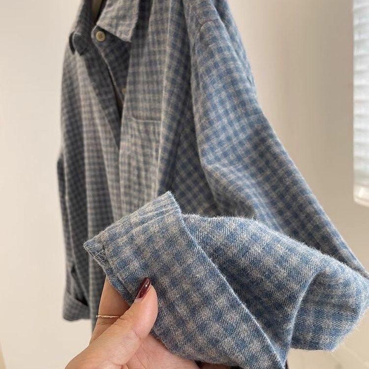 Damen Retro Blau Kariert Locker Langarm Bluse Jacke - Perfekt für Frühling & Herbst