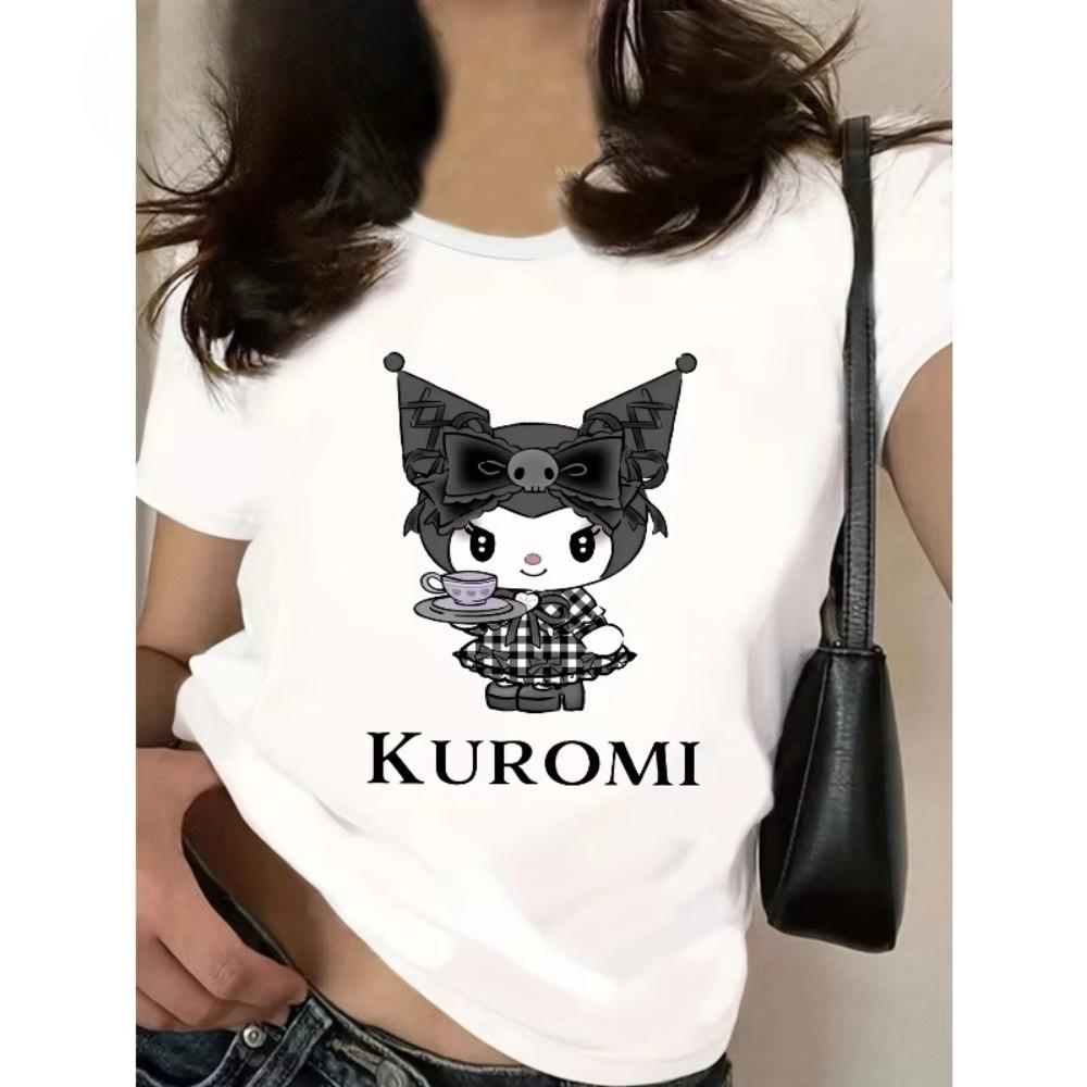 

Kuromi Womens Casual Tshirt Cute Cartoon Pattern Printed Round Neck Short Sleeve Fashionable Loose Cotton Y2K Top S