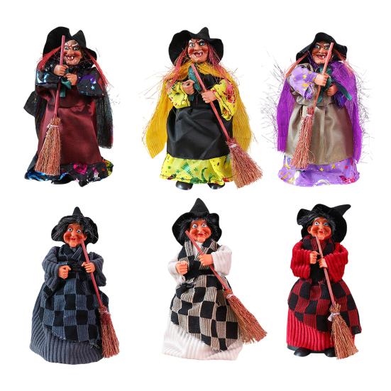 Halloween Witch Ornaments Spooky Witches Figures with Broomsticks Desktop Statue for Haunted House Party Decor