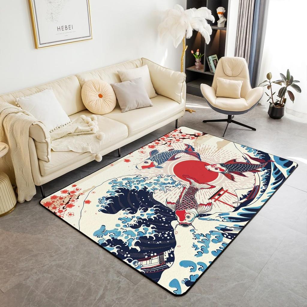 Japanese Samurai & Red Maple Print Area Rug, Non-Slip Floor Mat for Living Room Bedroom, Warrior Design Home Decor Carpet