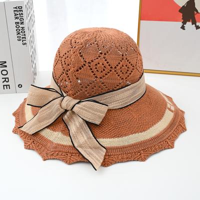Summer New Versatile Sun Protection and Sunshade Hat Fashion Women's Knitted Fisherman Hat Foldable Ribbon Straw Hat Women