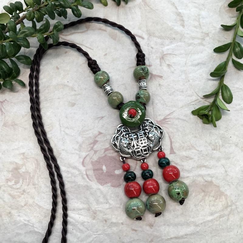 New Forest handmade ceramic necklace, women's retro versatile sweater chain simple long accessories pendant