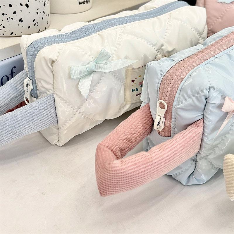 Ins Korean Style Large Capacity Cosmetic Bags Glossy Bow Cute Makeup Bag for Girls Students Tote Waterproof Pencil Case