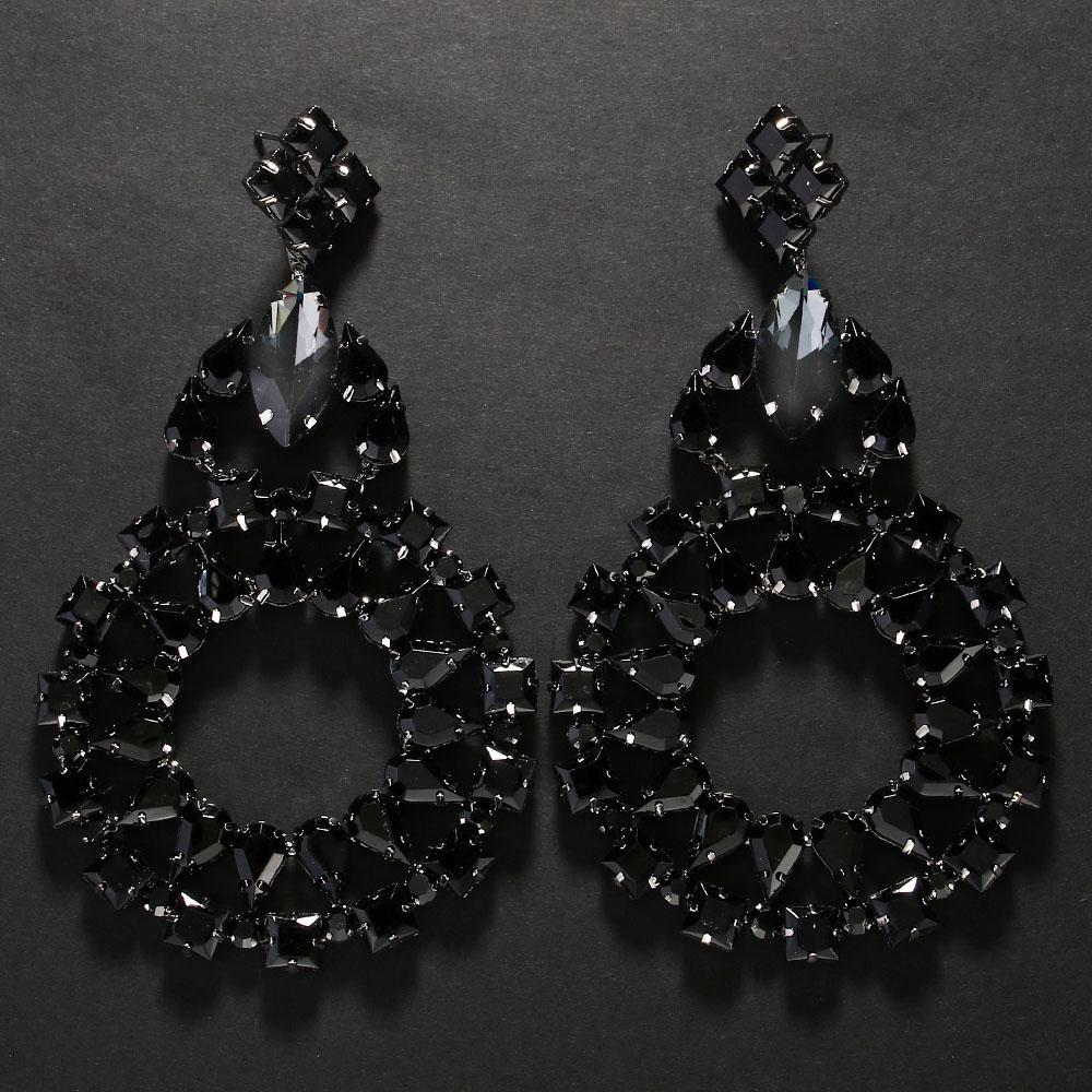 

Stonefans Hollow Round Exaggerate Earrings Hanging Party for Women Luxury Black Rhinestone Oversize Earrings Accessories Gift