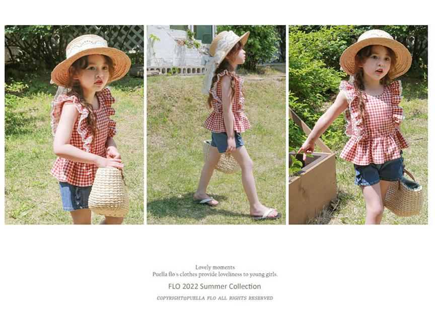 Mädchen Karierte Rüschen Ärmellose Weste - Sommer 2024, Reine Baumwolle, Alter 3-10