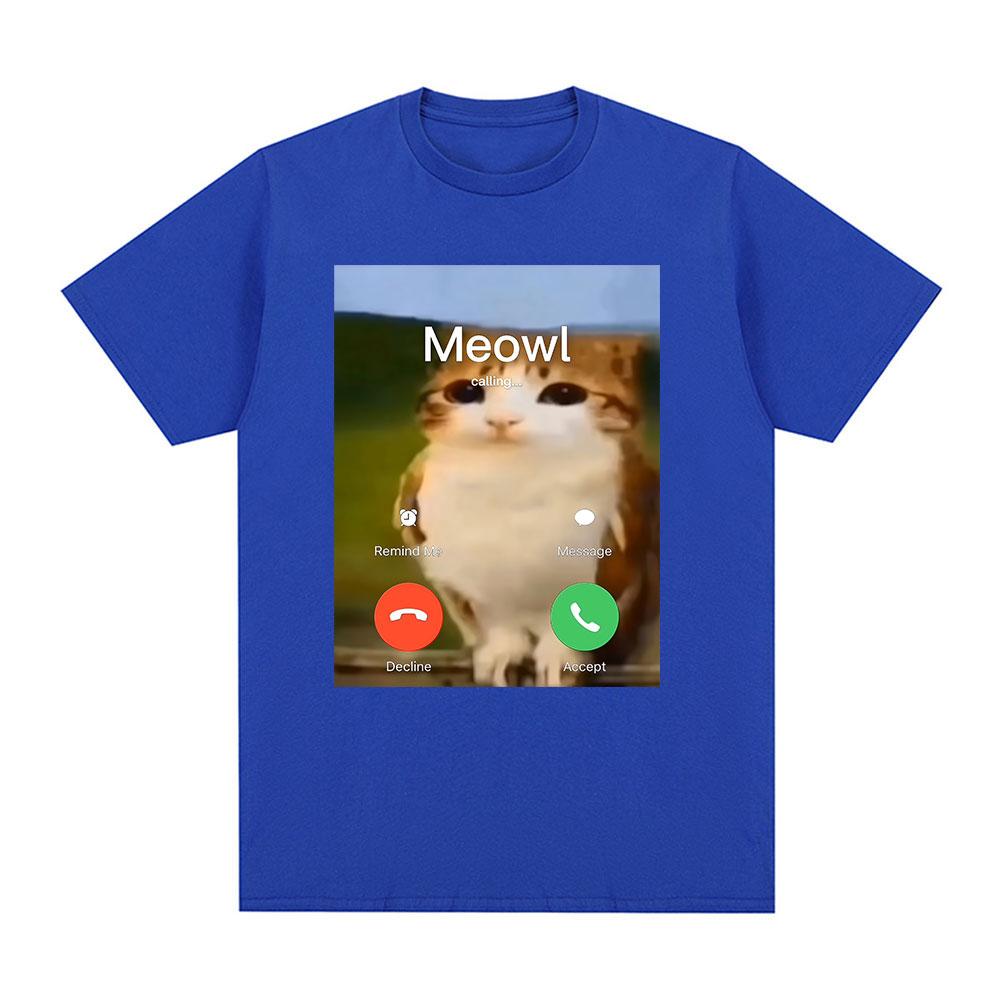 Meowl Is Calling Phone Call Meme Brainrot Funny Cat Owl Tshirts Mens Clothing Fashion Summer Short Sleeves Cotton T Shirts